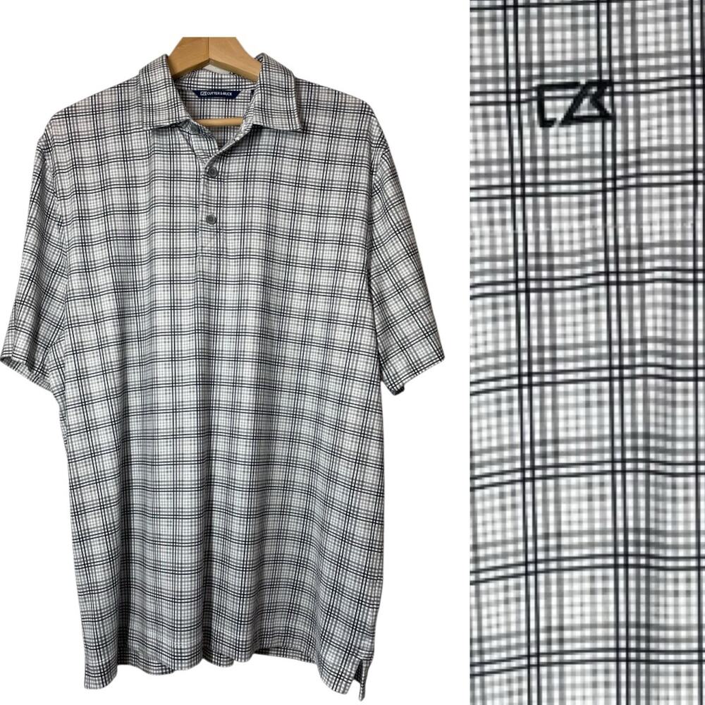 Cutter & Buck Golf Polo Shirt Plaid Check Large Mens White Black Gray Whirlwind